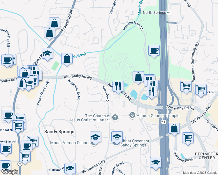 map of restaurants, bars, coffee shops, grocery stores, and more near 6666 Sterling Drive in Sandy Springs