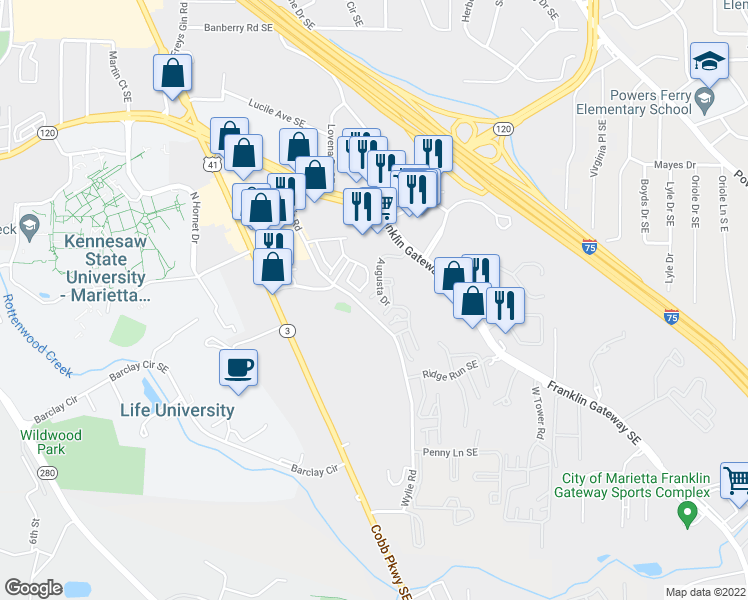 map of restaurants, bars, coffee shops, grocery stores, and more near 703 Augusta Drive in Marietta