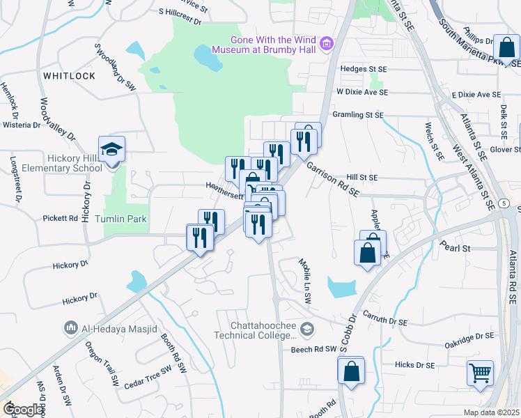 map of restaurants, bars, coffee shops, grocery stores, and more near 0 West Sandtown Road Southwest in Marietta