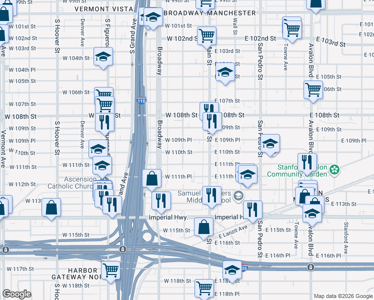 map of restaurants, bars, coffee shops, grocery stores, and more near 151 West 110th Street in Los Angeles