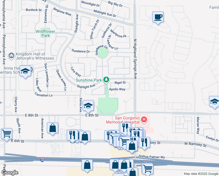 map of restaurants, bars, coffee shops, grocery stores, and more near 935 Spica Drive in Beaumont
