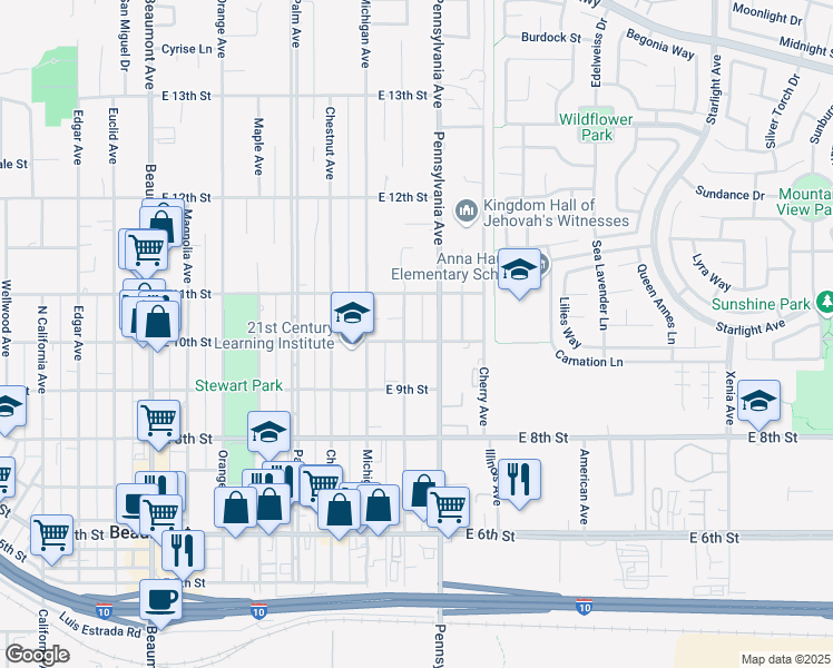 map of restaurants, bars, coffee shops, grocery stores, and more near 1150 East 10th Street in Beaumont