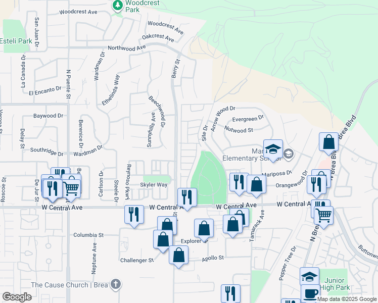 map of restaurants, bars, coffee shops, grocery stores, and more near 1051 Site Drive in Brea