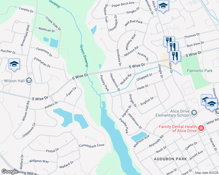 map of restaurants, bars, coffee shops, grocery stores, and more near 115 Paisley Park in Sumter