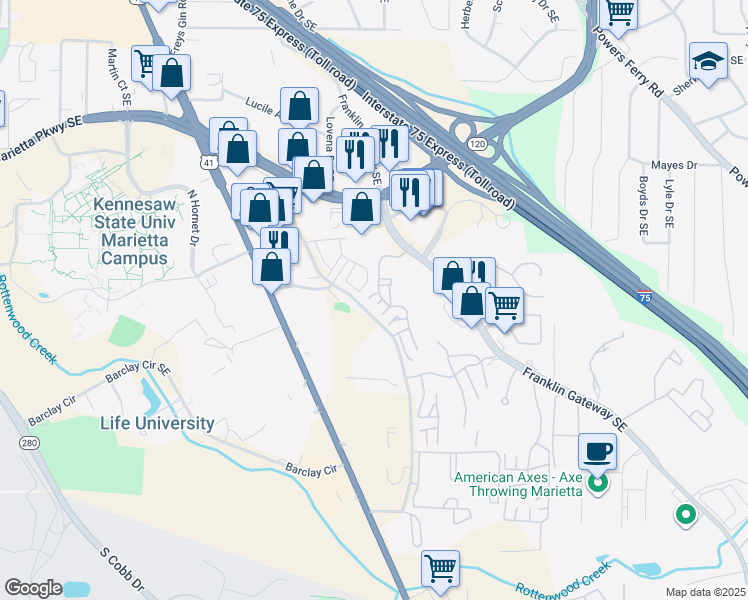 map of restaurants, bars, coffee shops, grocery stores, and more near 701 Augusta Drive in Marietta