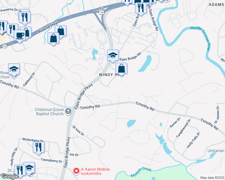 map of restaurants, bars, coffee shops, grocery stores, and more near 160 Windy Hill Place in Athens