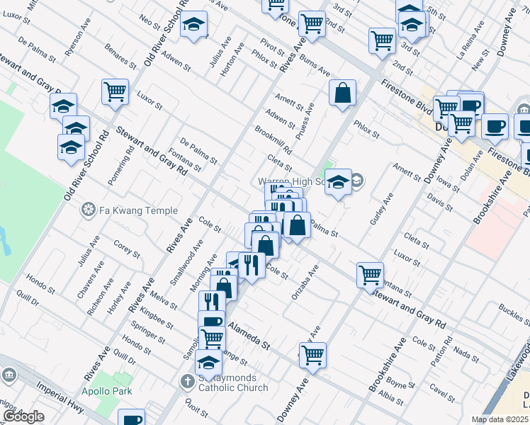map of restaurants, bars, coffee shops, grocery stores, and more near 7929 Stewart and Gray Road in Downey