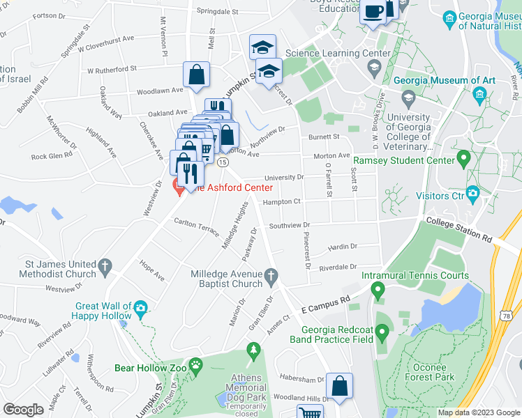 map of restaurants, bars, coffee shops, grocery stores, and more near 120 Hampton Court in Athens