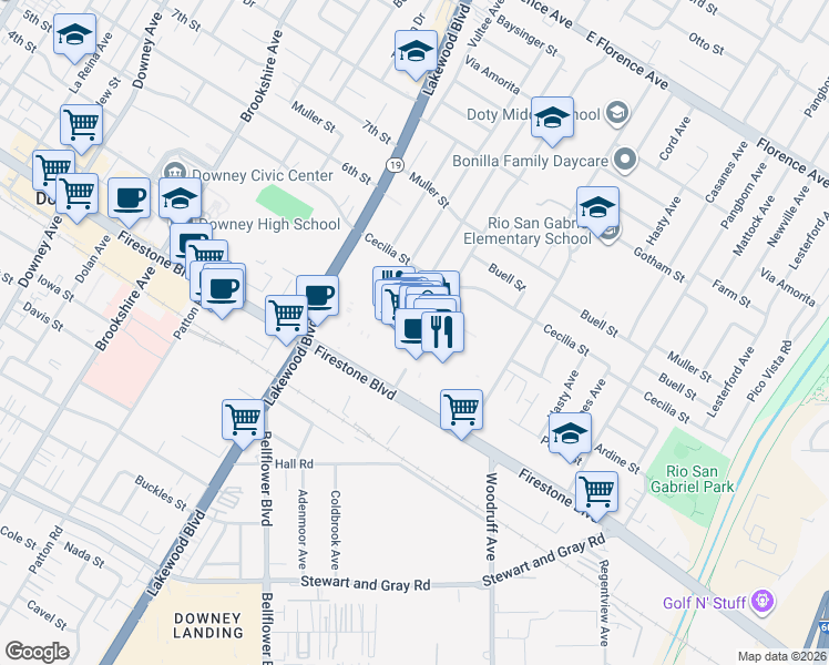 map of restaurants, bars, coffee shops, grocery stores, and more near 251 Stonewood Street in Downey