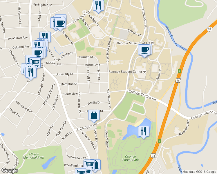 map of restaurants, bars, coffee shops, grocery stores, and more near 810 Agriculture Drive in Athens