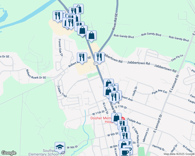 map of restaurants, bars, coffee shops, grocery stores, and more near West 14th Street in Southport