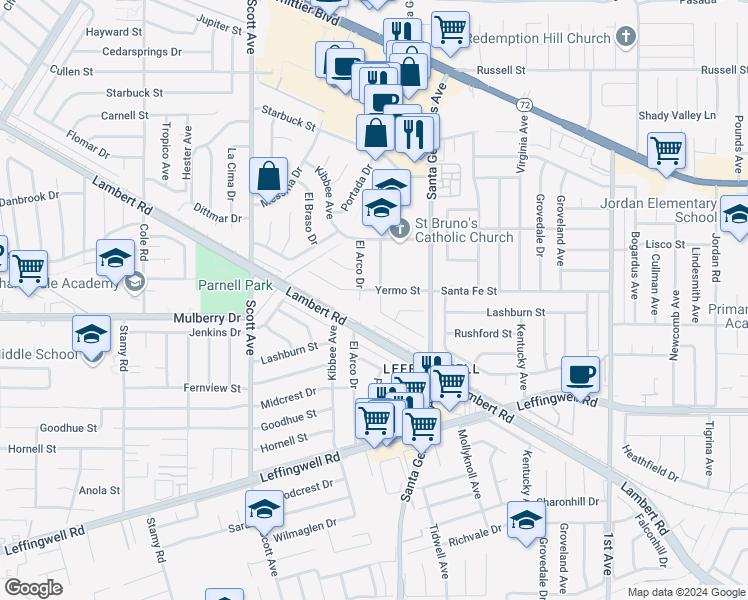 map of restaurants, bars, coffee shops, grocery stores, and more near 15708 Rushford Street in Whittier