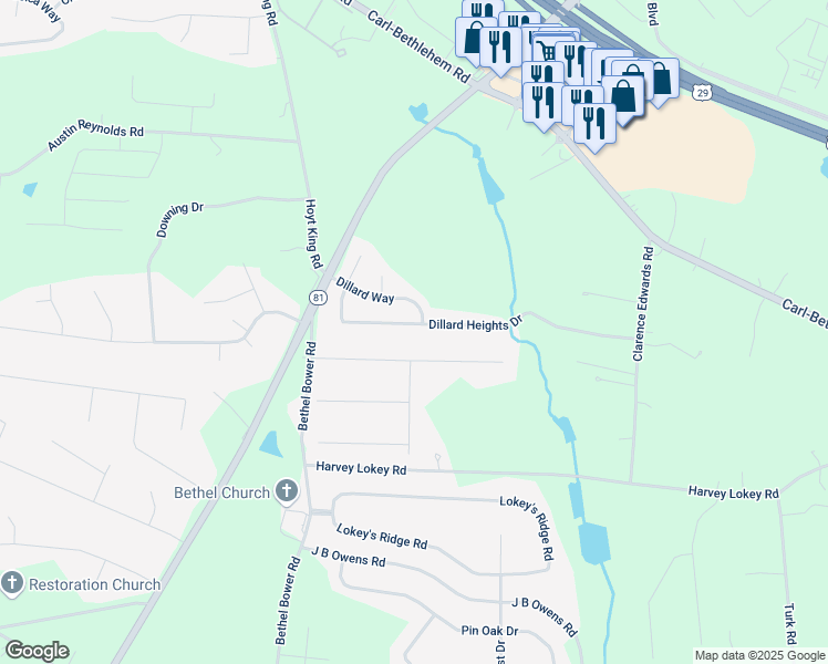 map of restaurants, bars, coffee shops, grocery stores, and more near 1457 Dillard Heights Drive in Bethlehem