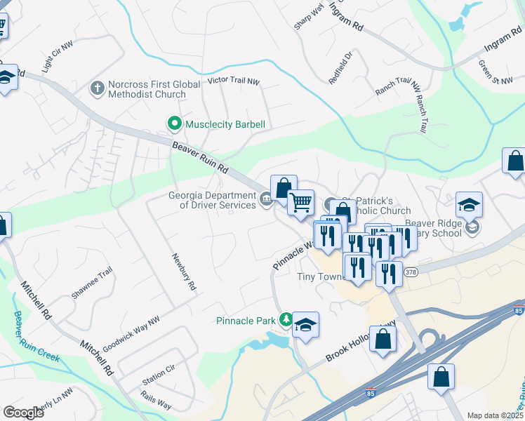 map of restaurants, bars, coffee shops, grocery stores, and more near 2211 Beaver Ruin Road in Norcross