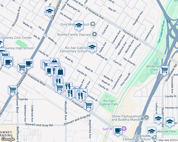 map of restaurants, bars, coffee shops, grocery stores, and more near 9402 Buell Street in Downey