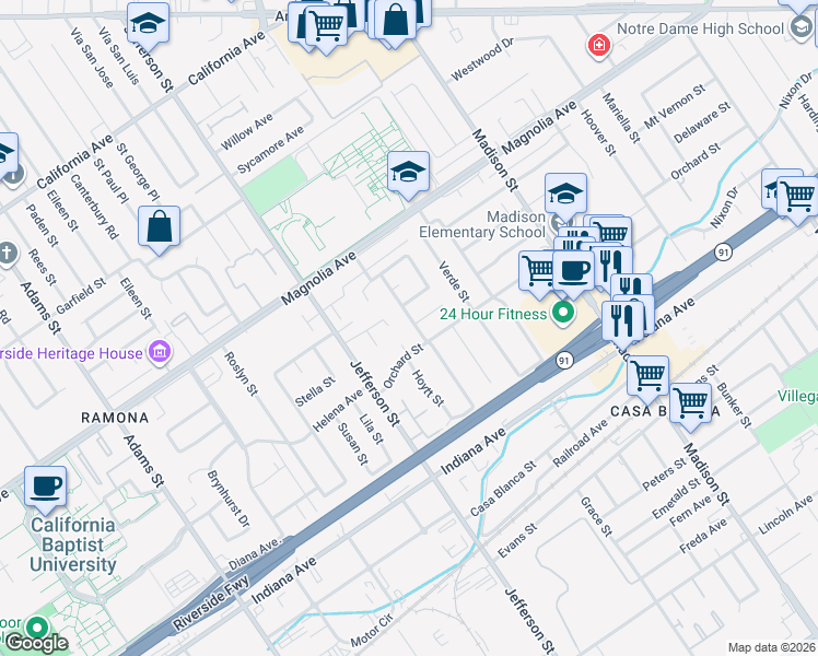 map of restaurants, bars, coffee shops, grocery stores, and more near 3628 Lillian Street in Riverside