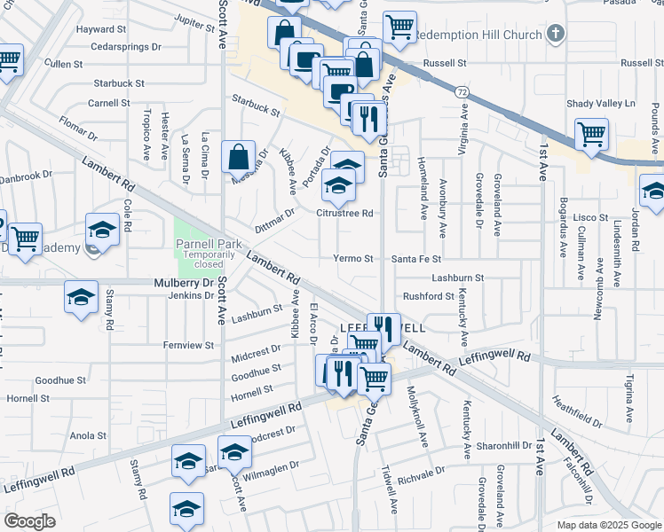 map of restaurants, bars, coffee shops, grocery stores, and more near 15708 Rushford Street in Whittier