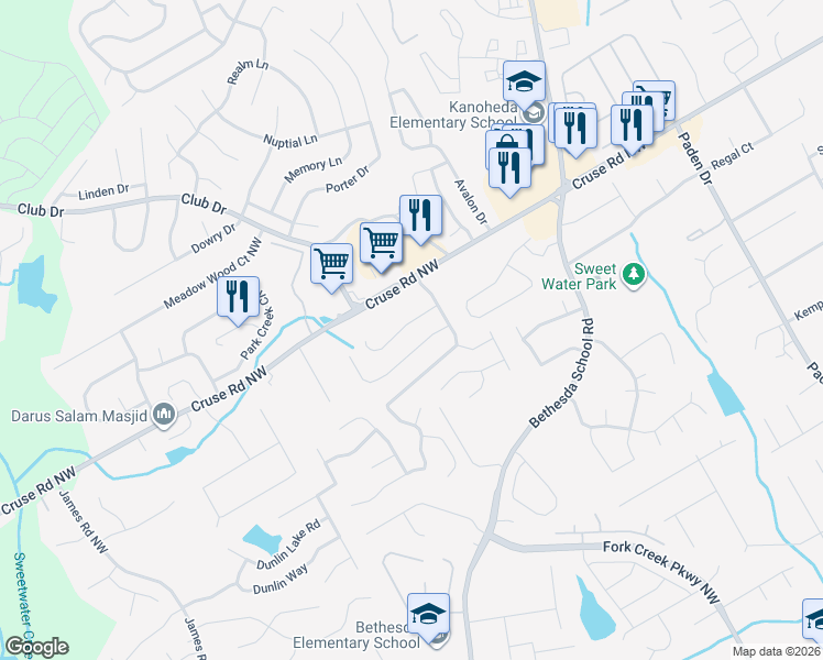 map of restaurants, bars, coffee shops, grocery stores, and more near 2864 Arendel Drive in Lawrenceville