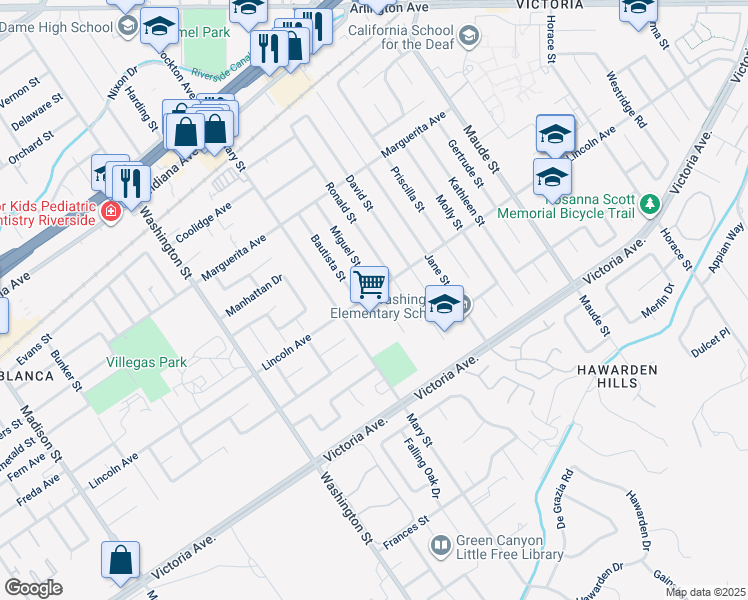map of restaurants, bars, coffee shops, grocery stores, and more near 2894 Miguel Street in Riverside