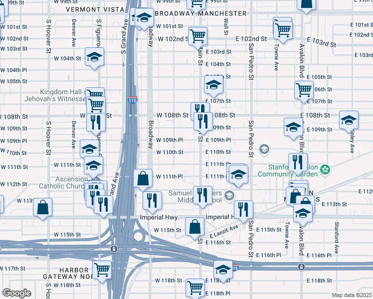 map of restaurants, bars, coffee shops, grocery stores, and more near 131 West 110th Street in Los Angeles