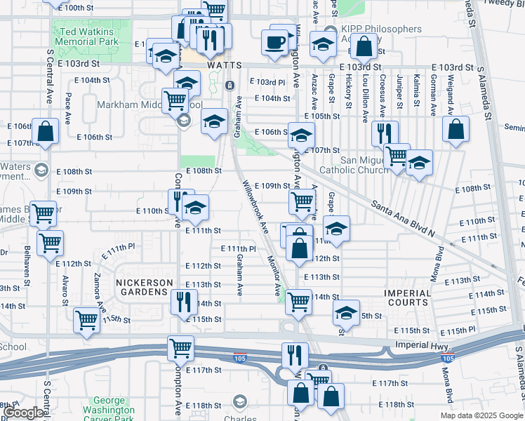 map of restaurants, bars, coffee shops, grocery stores, and more near 10962 Willowbrook Avenue in Los Angeles
