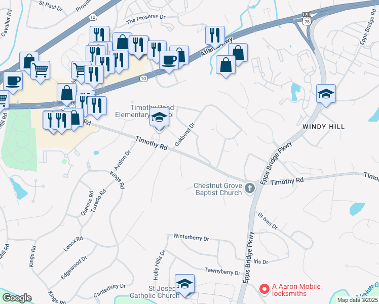 map of restaurants, bars, coffee shops, grocery stores, and more near 1800 Timothy Road in Athens