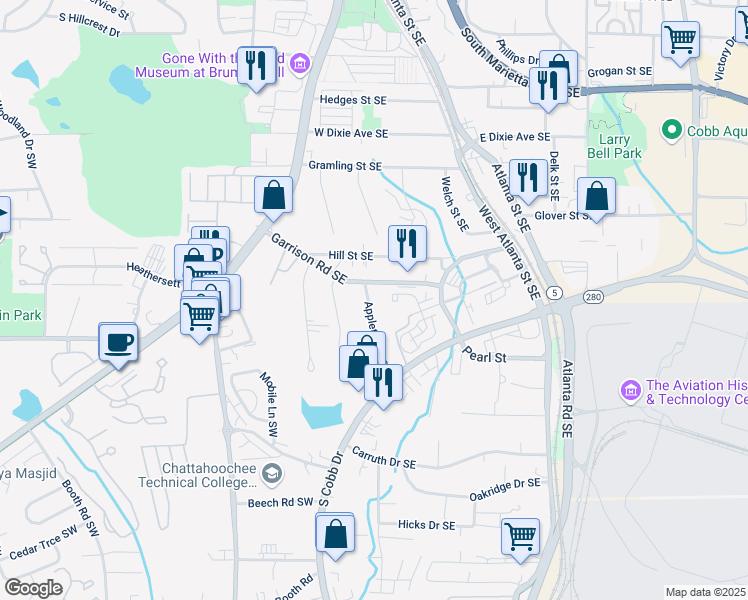 map of restaurants, bars, coffee shops, grocery stores, and more near 691 Appleton Drive Southeast in Marietta