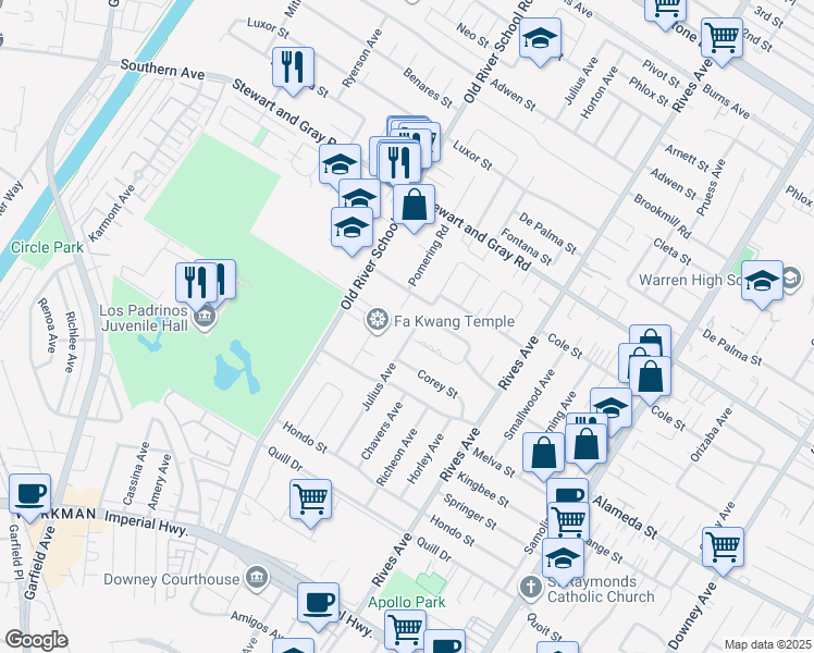 map of restaurants, bars, coffee shops, grocery stores, and more near 12113 Julius Avenue in Downey
