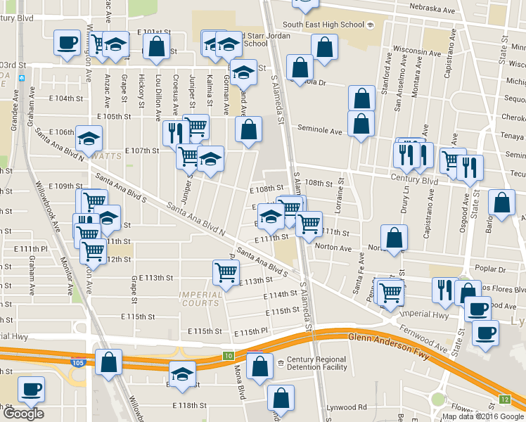 map of restaurants, bars, coffee shops, grocery stores, and more near 2424 E 109th St in Los Angeles