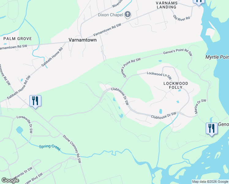 map of restaurants, bars, coffee shops, grocery stores, and more near 265 Clubhouse Dr SW in Brunswick