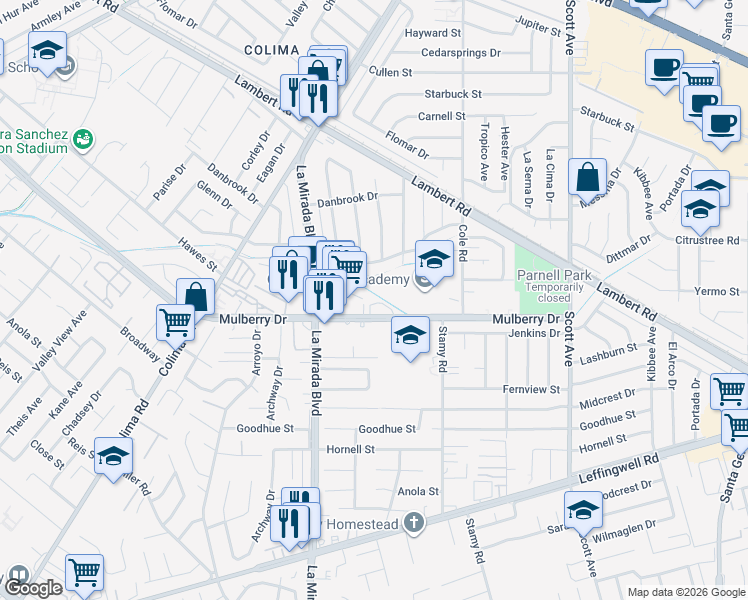 map of restaurants, bars, coffee shops, grocery stores, and more near 15069 Mulberry Drive in Whittier