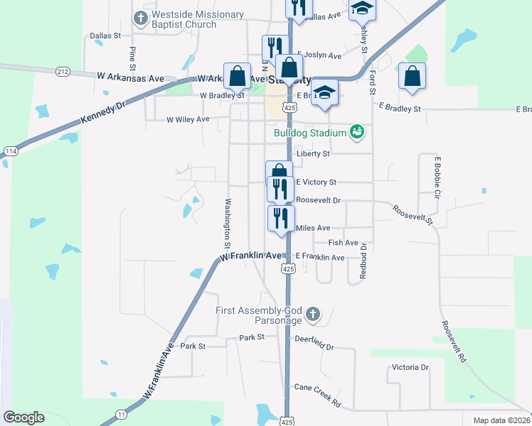 map of restaurants, bars, coffee shops, grocery stores, and more near 701 South Drew Street in Star City