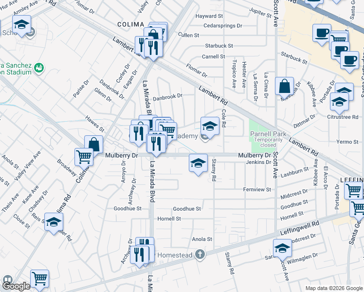 map of restaurants, bars, coffee shops, grocery stores, and more near 15069 Mulberry Drive in Whittier