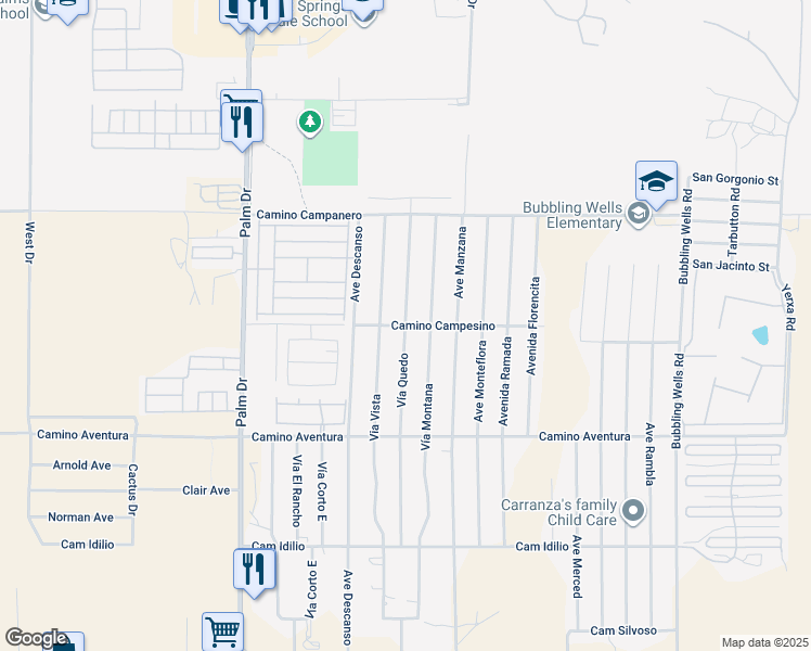 map of restaurants, bars, coffee shops, grocery stores, and more near Camino Campesino in Desert Hot Springs
