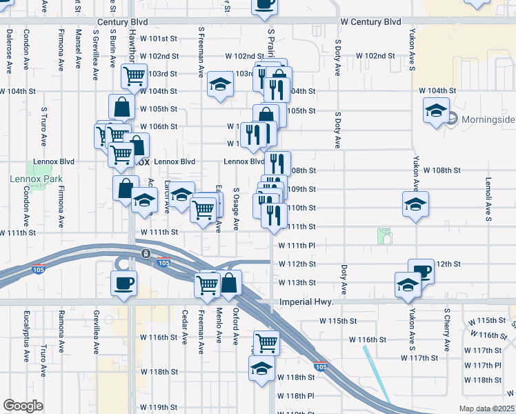 map of restaurants, bars, coffee shops, grocery stores, and more near 10936 South Osage Avenue in Inglewood