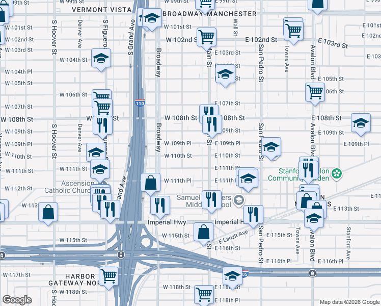 map of restaurants, bars, coffee shops, grocery stores, and more near 143 West 110th Street in Los Angeles