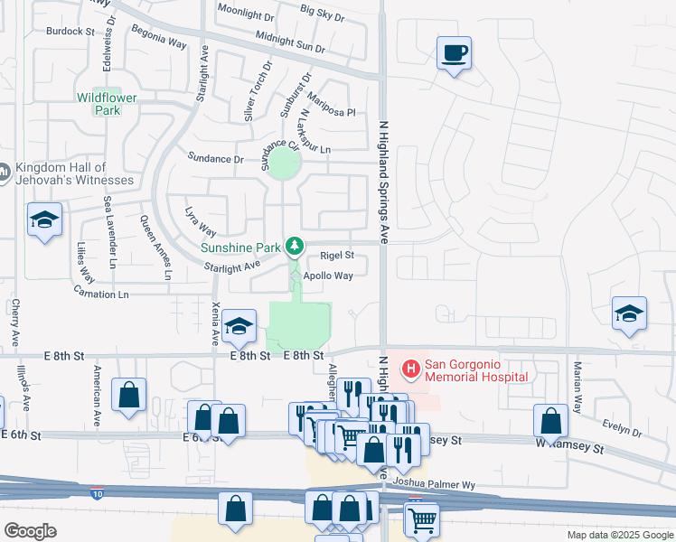 map of restaurants, bars, coffee shops, grocery stores, and more near 1652 Apollo Way in Beaumont