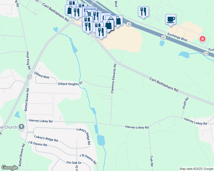 map of restaurants, bars, coffee shops, grocery stores, and more near 1526 Dillard Heights Drive in Bethlehem