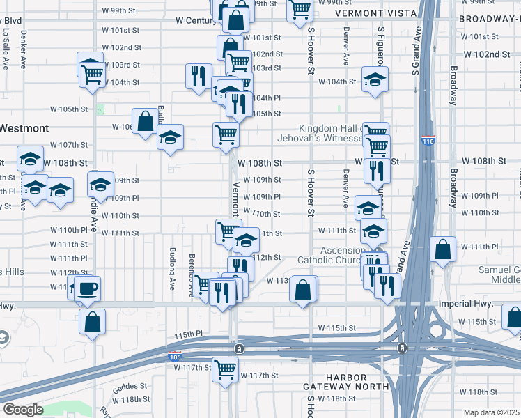 map of restaurants, bars, coffee shops, grocery stores, and more near 817 West 110th Street in Los Angeles