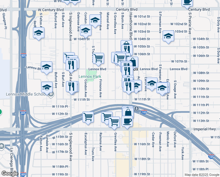 map of restaurants, bars, coffee shops, grocery stores, and more near 11004 Mansel Avenue in Inglewood
