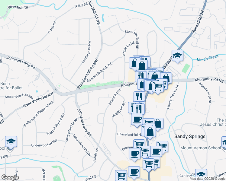map of restaurants, bars, coffee shops, grocery stores, and more near 151 Abernathy Road in Atlanta
