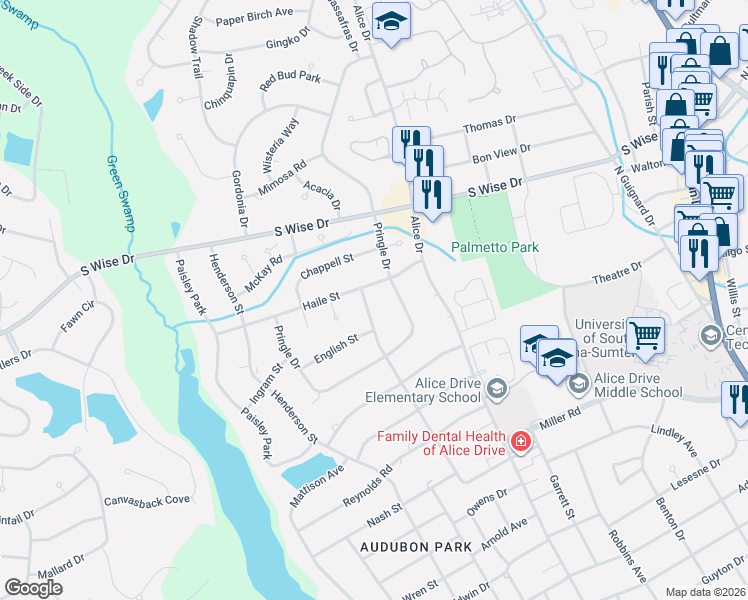 map of restaurants, bars, coffee shops, grocery stores, and more near 692 Pringle Drive in Sumter