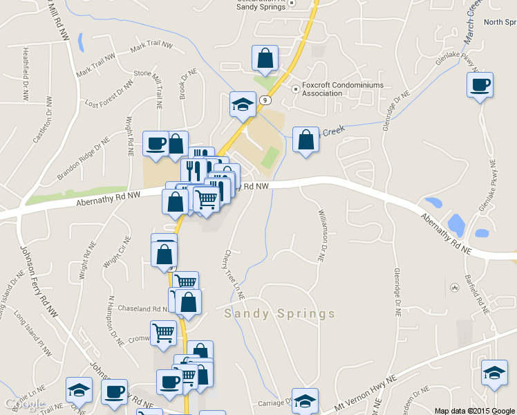 map of restaurants, bars, coffee shops, grocery stores, and more near 6629 Cherry Tree Lane Northeast in Atlanta