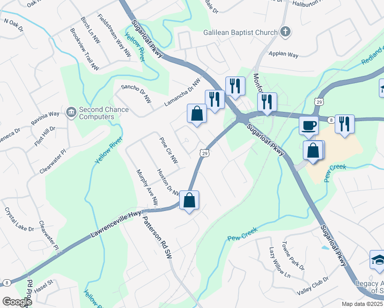 map of restaurants, bars, coffee shops, grocery stores, and more near 1712 Paladin Drive Northwest in Lawrenceville