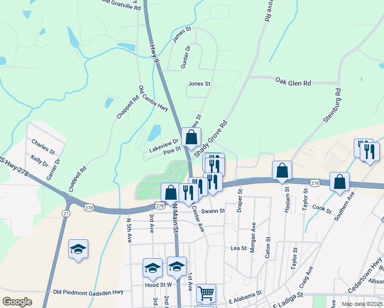 map of restaurants, bars, coffee shops, grocery stores, and more near 101 Shady Grove Road in Piedmont