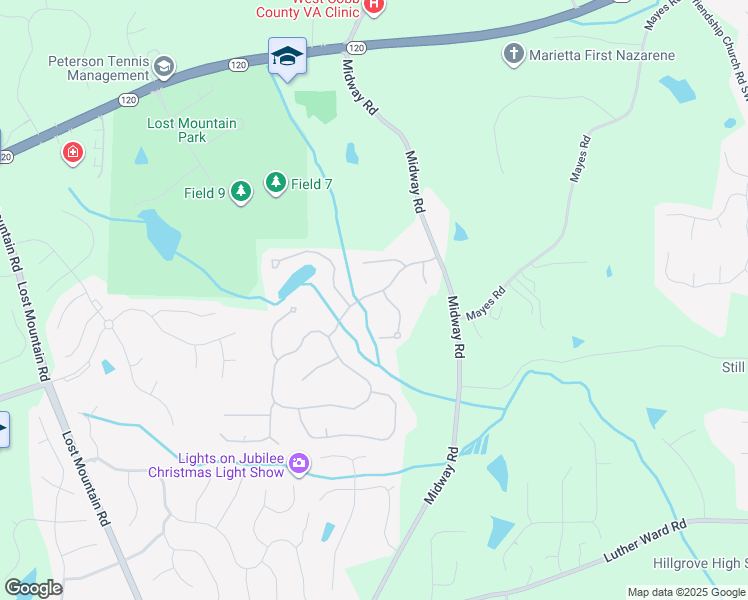 map of restaurants, bars, coffee shops, grocery stores, and more near 717 Broadlands Lane in Powder Springs