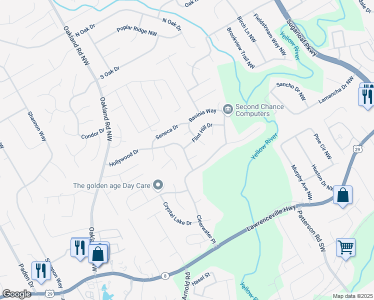 map of restaurants, bars, coffee shops, grocery stores, and more near 2074 Flint Hill Drive in Lawrenceville