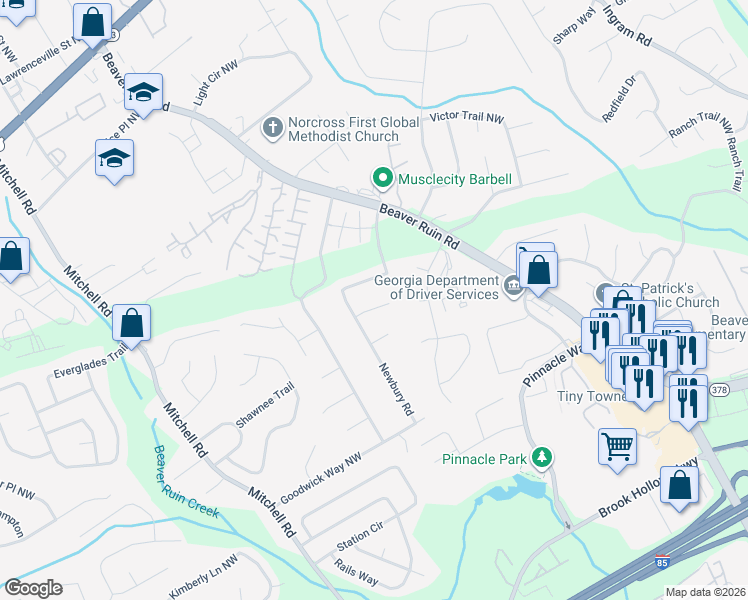map of restaurants, bars, coffee shops, grocery stores, and more near 5335 Lyme Bay Circle in Norcross