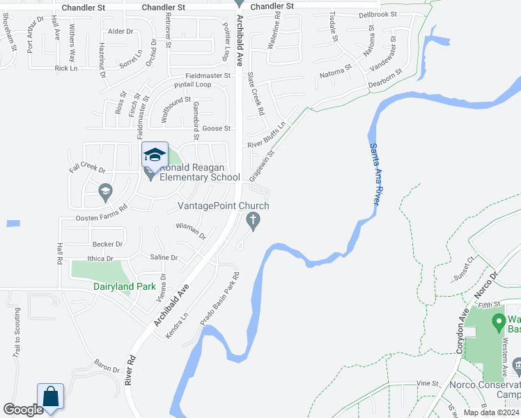 map of restaurants, bars, coffee shops, grocery stores, and more near 8330 Archibald Avenue in Eastvale