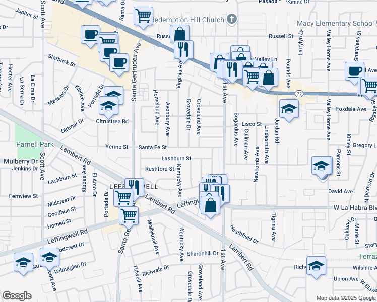 map of restaurants, bars, coffee shops, grocery stores, and more near 16024 Santa Fe St in Whittier